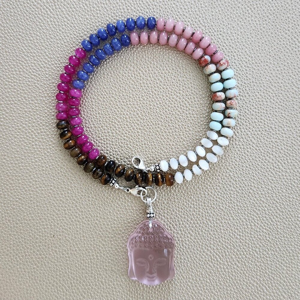 HAPPY IN HILO MULTI GEMSTONE NECKLACE W/ PINK BUDDHA--20"